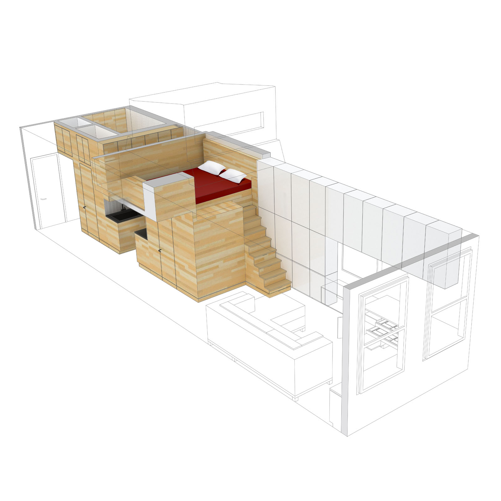 The wooden volume separates the apartment into various zones